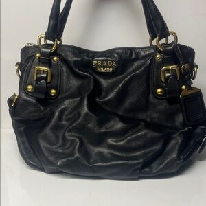 Prada Black Leather Shoulder Bag with Gold Accents
